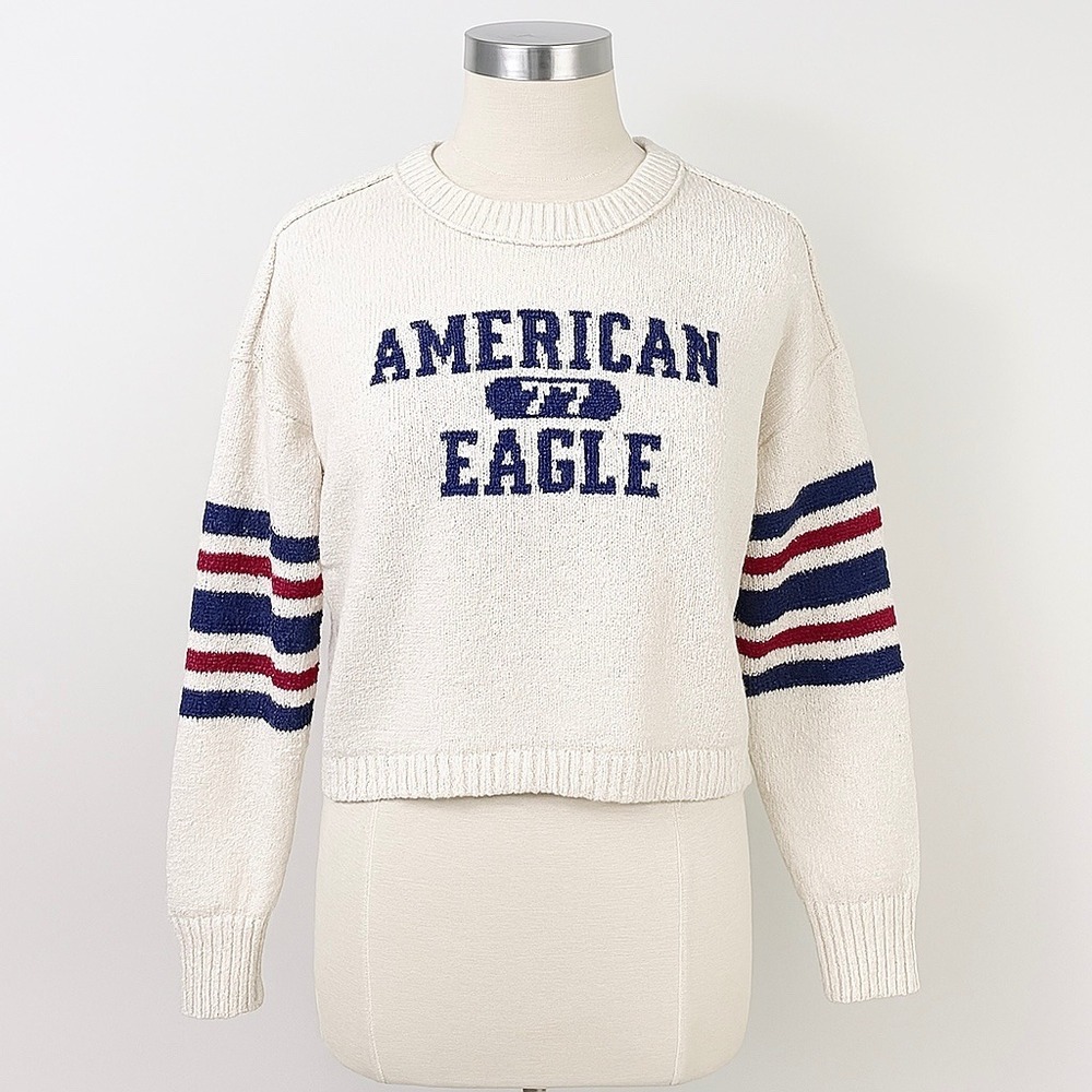American Eagle Sweater Womens Medium White Blue Red Football Collegiate Crop‎
